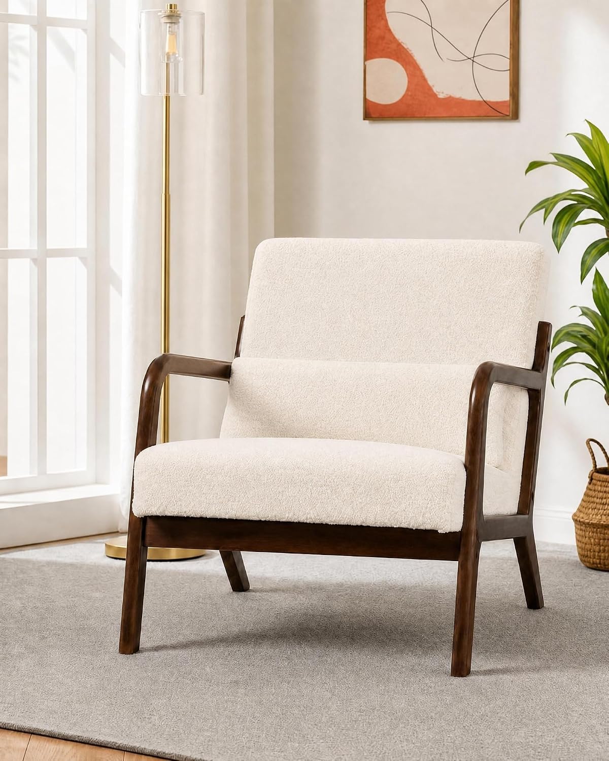 Garvee Mid-Century Chenille Accent Chair, Cozy Reading Chair, Modern Lounge Armchair with Lumbar Pillow, Solid Wood Frame, for Living Room, Bedroom, Office, Beige — Beige-sherpa / 1 Pack