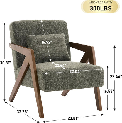 Mid-Century Modern Accent Chair with Solid Wood Frame，Upholstered Chenille Living Room Arm Chairs with Pillow for Bedroom, Living Room, Balcony, Reading Room, Green — 1 / Green (2)