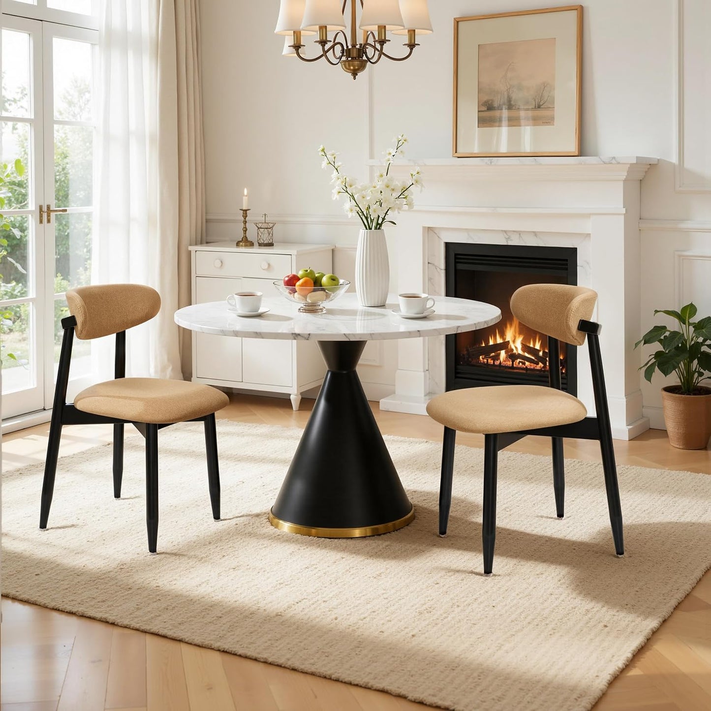 CHUN YI Dining Chairs Set of 4, Upholstered Wooden Dining Room Chairs, Mid Century Modern Fabric Kitchen Chair with Ergonomic Curved Backrest, Beige (Only Chairs) — Khaki / Set of 2