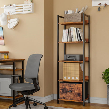 Furologee 5 Tier Bookshelf with Drawer, Tall Narrow Bookcase with Shelves, Wood and Metal Bookshelves Storage Organizer, Industrial Display Standing Shelf Unit for Bedroom, Living Room, Rustic Brown — Rustic Brown / 5 Tier -1 PCS (2)