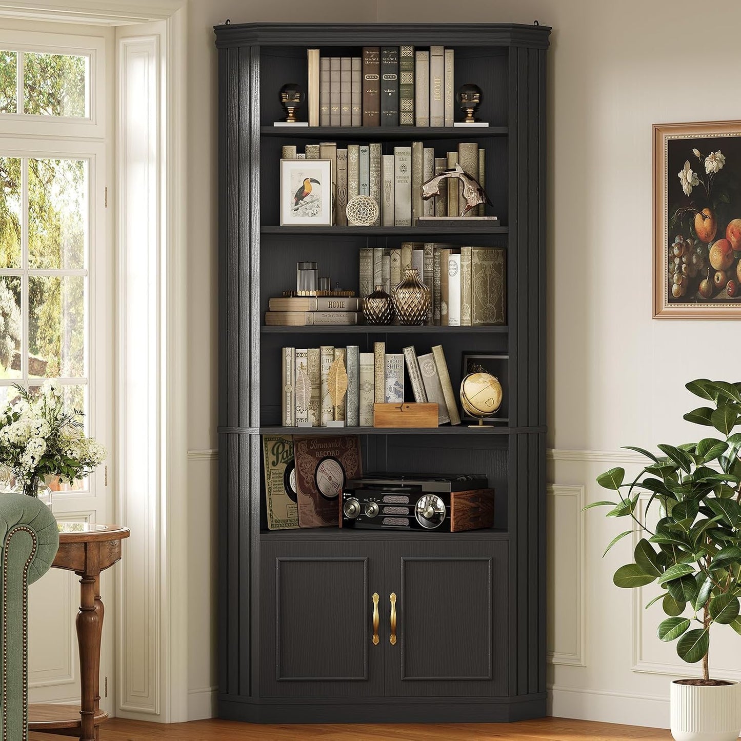 UPOSOJA 83” Tall Corner Bookshelf with Storage Cabinet, L-Shaped 5 Tier Bookcase Open Racks, Classical Style Bookshelves Adjustable Shelves, Home Office, Living Room & Kitchen — Black