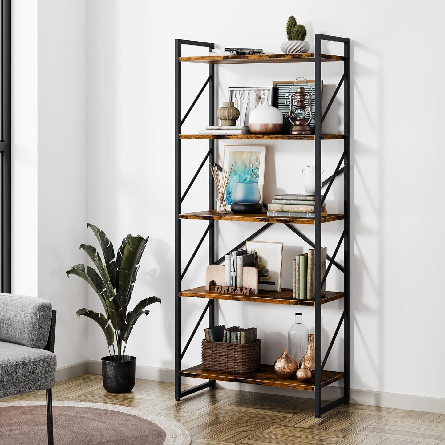 Shintenchi 5 Tiers Bookshelf, Classically Tall Bookcase Shelf, Industrial Book Rack, Modern Book Holder in Bedroom/Living Room/Home/Office, Storage Rack Shelves for Books/Movies-Rustic Brown — Rustic Brown