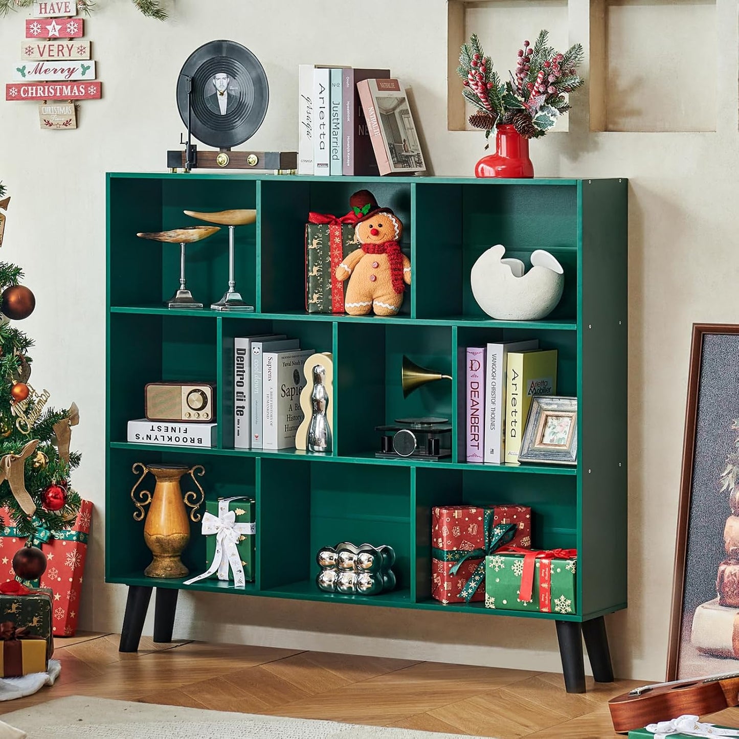 LEYAOYAO Cube Bookshelf 3 Tier Mid-Century Rustic Brown Modern Bookcase with Legs,Retro Wood Bookshelves Storage Organizer Shelf,Freestanding Open Book Shelves for Bedroom,Living Room,Office — Dark Green / 10 Cube with Legs