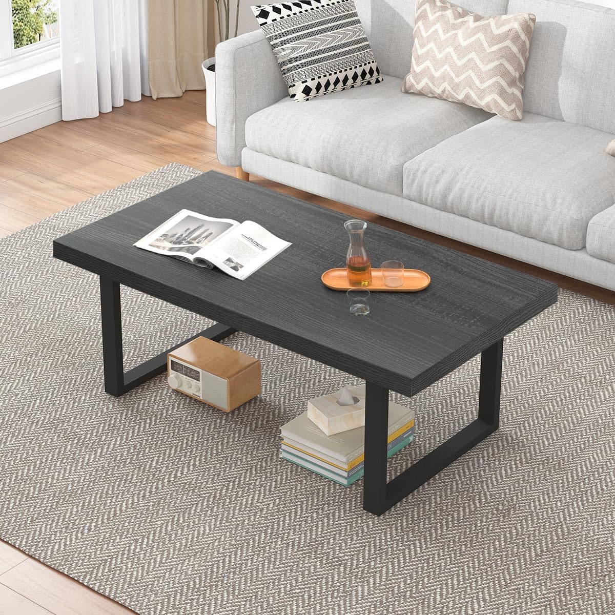 IBF Rustic Coffee Table, Industrial Simple Wooden Living Room Table, Modern Minimalist Farmhouse Rectangle Center Table, Wood and Metal Vintage Tea Coffee Table for Home Bedroom, Rustic Brown, 39 Inch — Dark Gray Oak / 39 inch