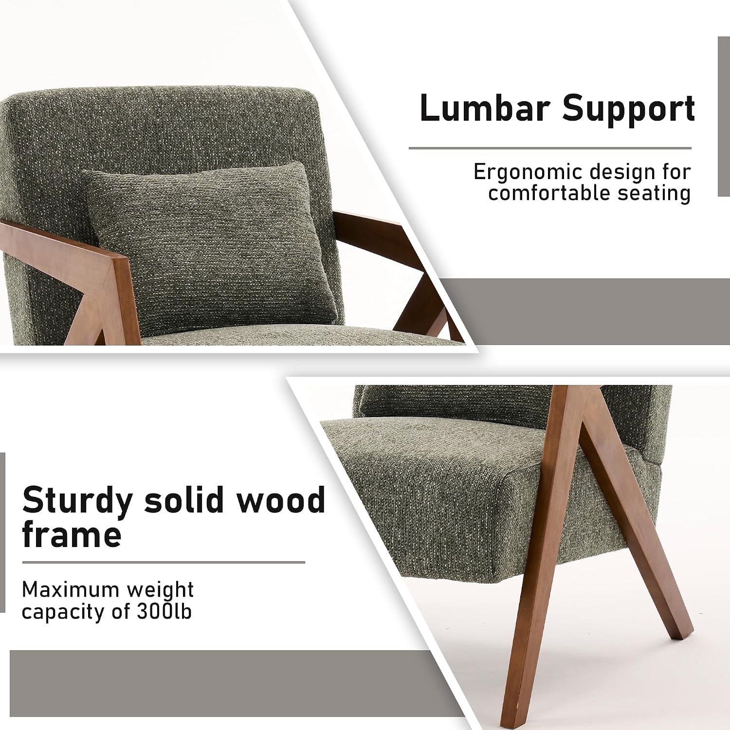 Mid-Century Modern Accent Chair with Solid Wood Frame，Upholstered Chenille Living Room Arm Chairs with Pillow for Bedroom, Living Room, Balcony, Reading Room, Green — 1 / Green (3)