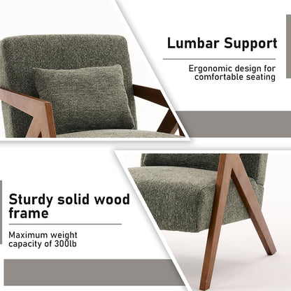 Mid-Century Modern Accent Chair with Solid Wood Frame，Upholstered Chenille Living Room Arm Chairs with Pillow for Bedroom, Living Room, Balcony, Reading Room, Green — 1 / Green (3)