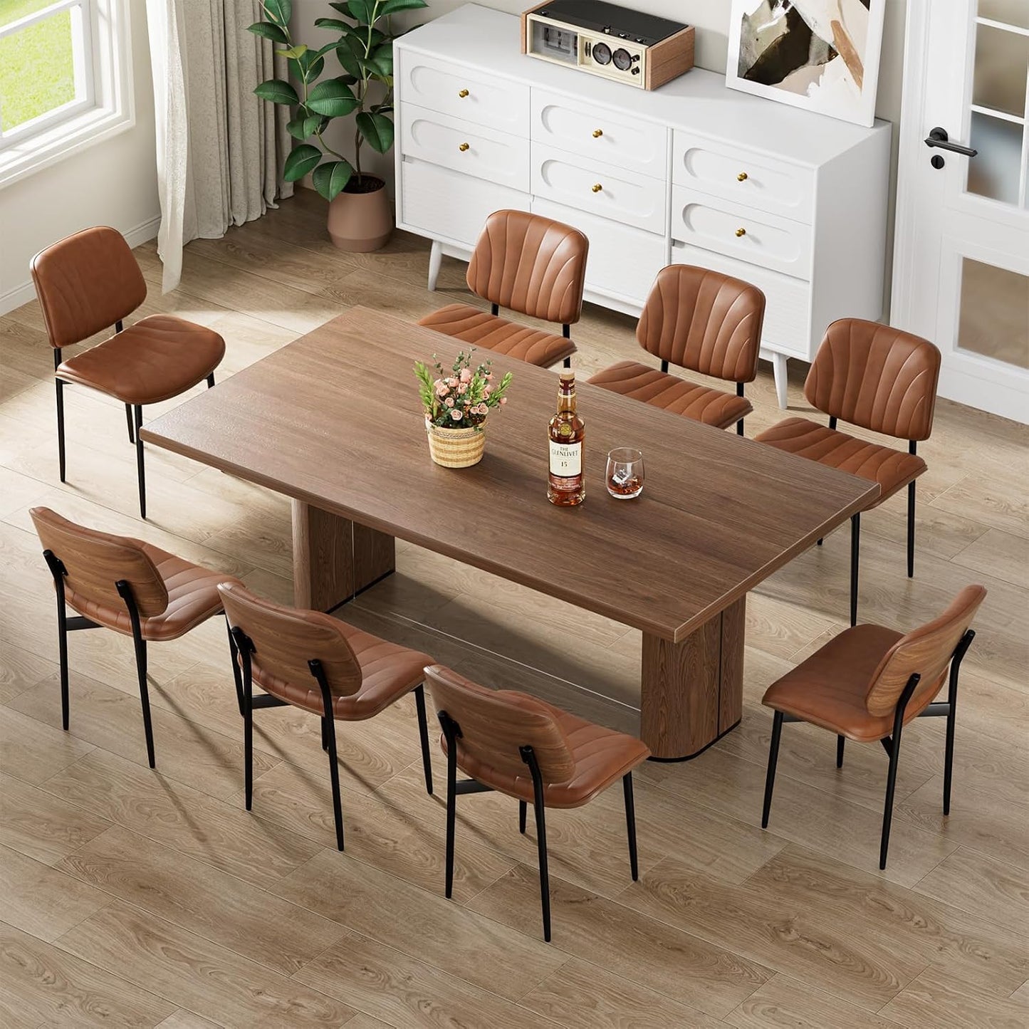 Dining Chairs Set of 4, Mid-Century Modern Upholstered PU Leather Chairs | with Walnut Bentwood Back and Metal Legs Adjustable Feet for Kitchen Dining Room, Black Shell Strips — Camel Shell Strips / 8