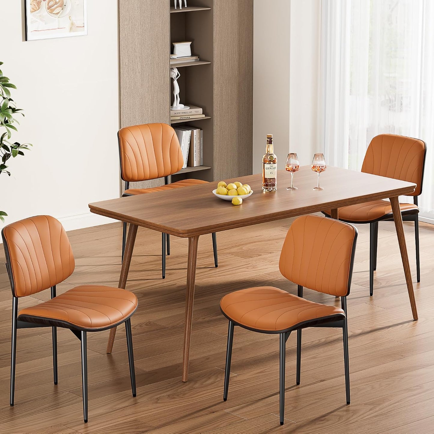 Dining Chairs Set of 4, Mid-Century Modern Upholstered PU Leather Chairs | with Walnut Bentwood Back and Metal Legs Adjustable Feet for Kitchen Dining Room, Camel Shell Strips — Orange Shell Strips / 4