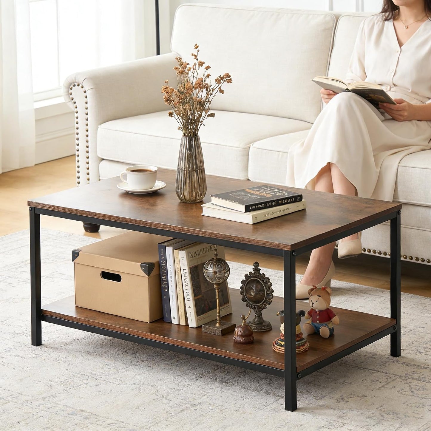 SUPER DEAL 2-Tier Industrial Coffee Table with Storage Shelf for Small Apartment Living Room, Rectangle Wood and Stable Metal TV Stand Side End Table, Rustic Brown — Rustic Brown / 31.5in (2)
