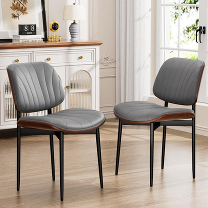 YaFiti Mid Century Dining Chairs Set of 4 with Walnut Bentwood, Greige | Ergonomic Walnut Backrest, Upholstered Waterproof PU Leather Seat, Stable Metal Legs, Adjustable Footpads, Apartment Friendly — Gray Scallop / 2