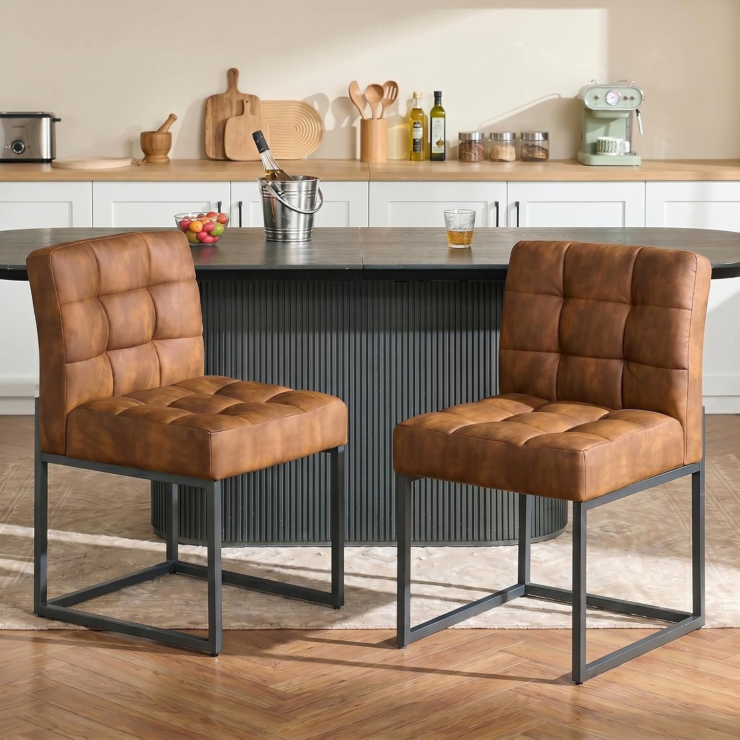 GrandNoor Coffee Faux Leather Dining Chairs Set of 4, Mid-Century Modern Dining Room Chairs with Armless, Checkered Kitchen Chair with Metal Legs — Coffee / 2PCS Dining Chairs