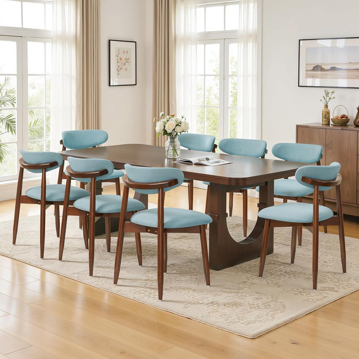 CHUN YI Dining Chairs Set of 4, Upholstered Wooden Dining Room Chairs, Mid Century Modern Fabric Kitchen Chair with Ergonomic Curved Backrest, Beige (Only Chairs) — Blue / Set of 8