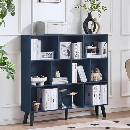 LEYAOYAO Cube Bookshelf 3 Tier Mid-Century Rustic Brown Modern Bookcase with Legs,Retro Wood Bookshelves Storage Organizer Shelf,Freestanding Open Book Shelves for Bedroom,Living Room,Office — Dark Blue / 10 Cube with Legs