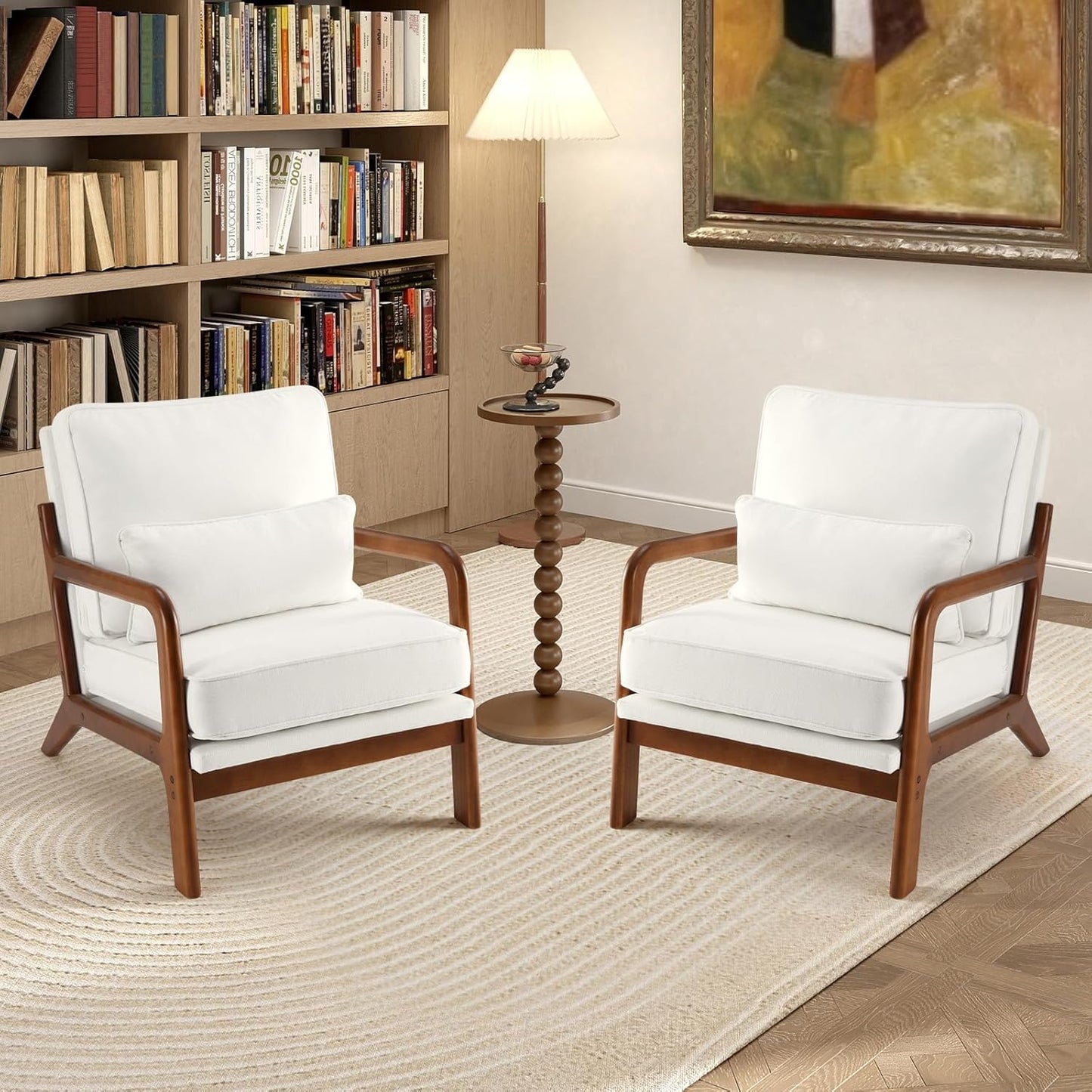 DUMOS Mid Century Modern Accent Chair, Armchair with Lumbar Pillow and Waist Cushion, Solid Wood Frame Lounge Chair for Living Room, Bedroom, Reading Nook, Small Apartment Corner, Ivory White — Cream / 1 Pack