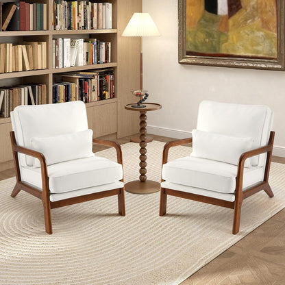 DUMOS Mid Century Modern Accent Chair, Armchair with Lumbar Pillow and Waist Cushion, Solid Wood Frame Lounge Chair for Living Room, Bedroom, Reading Nook, Small Apartment Corner, Ivory White — Cream / 1 Pack
