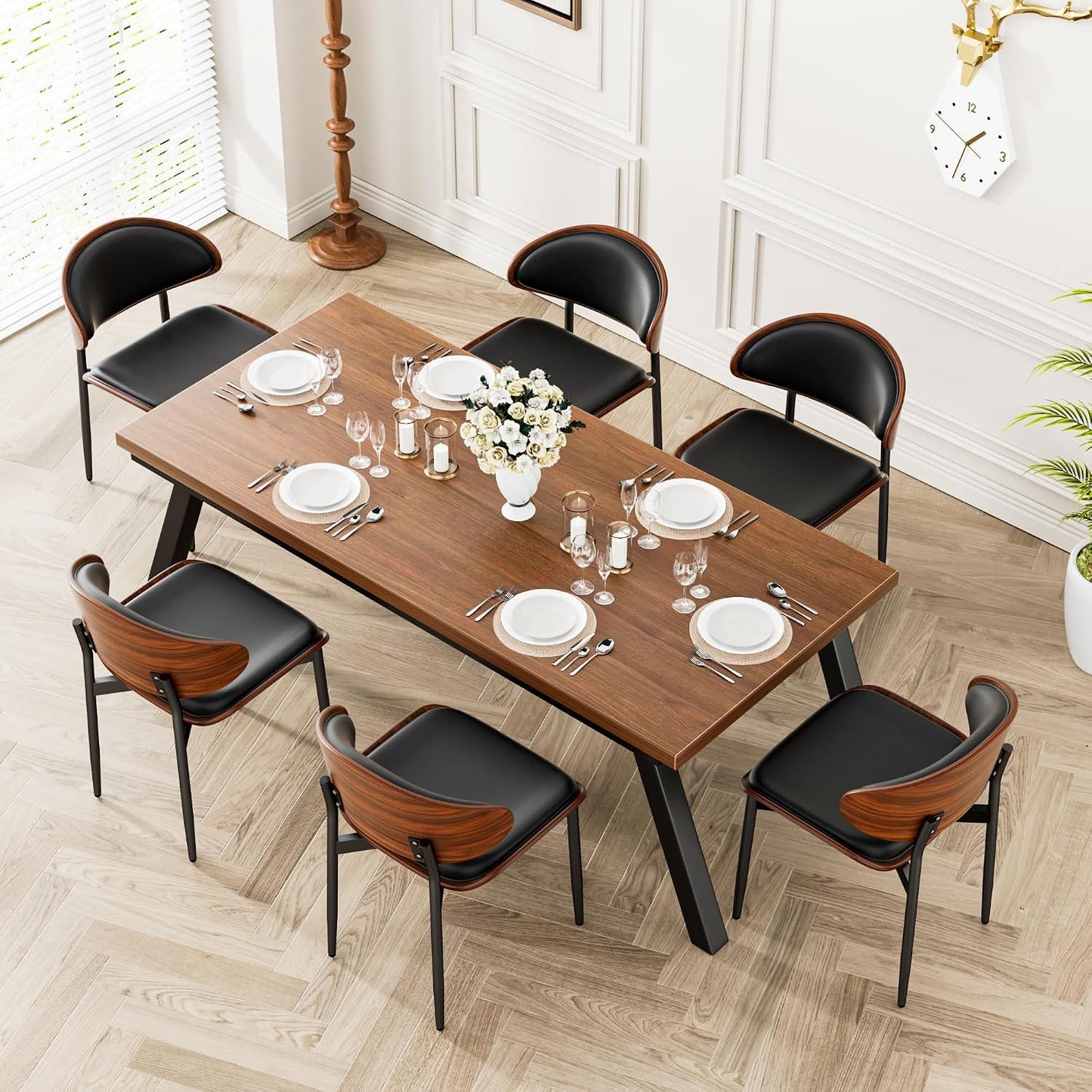 YaFiti Mid Century Dining Chairs Set of 4 with Walnut Bentwood, Greige | Ergonomic Walnut Backrest, Upholstered Waterproof PU Leather Seat, Stable Metal Legs, Adjustable Footpads, Apartment Friendly — Black Pu / 6