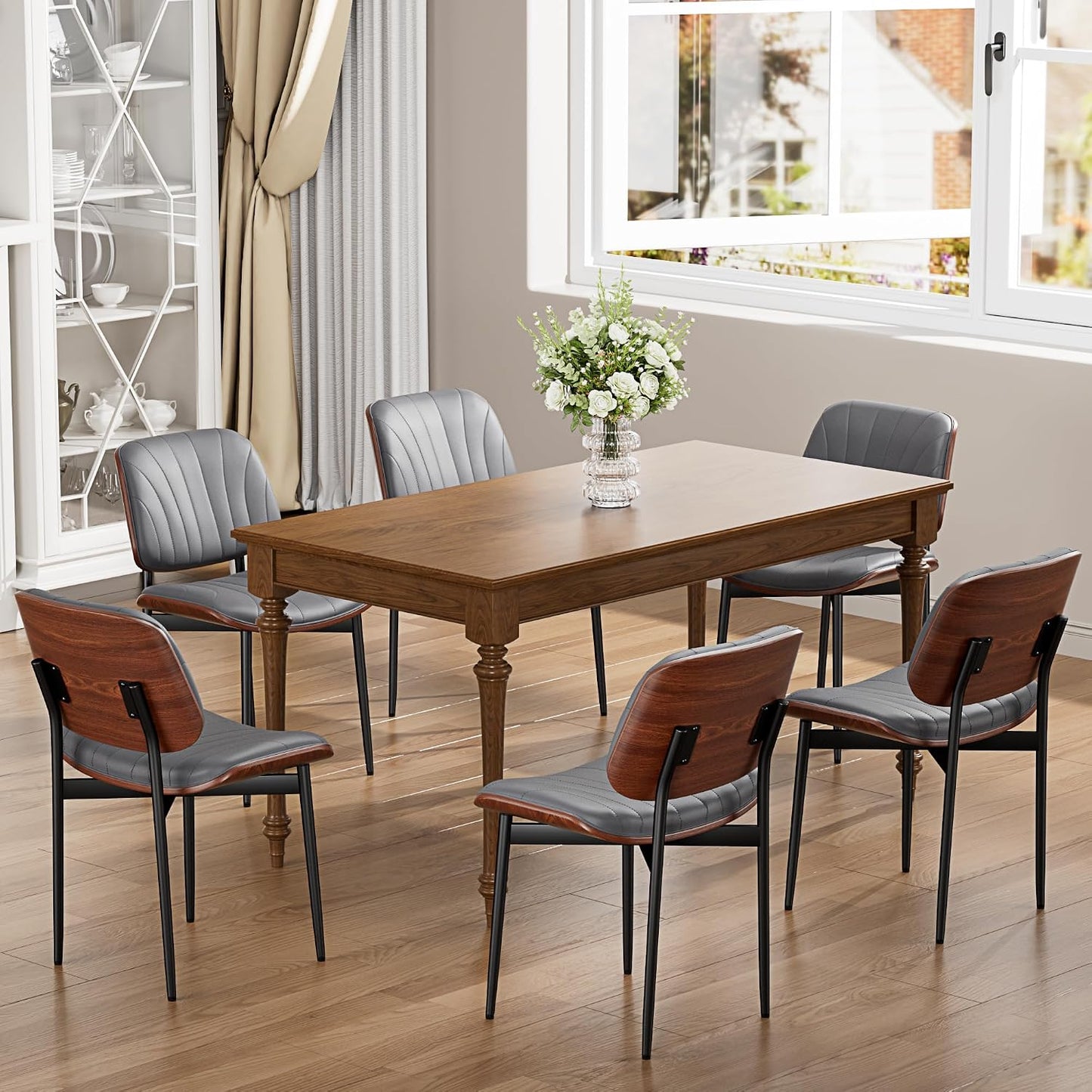 YaFiti Mid Century Dining Chairs Set of 4 with Walnut Bentwood, Greige | Ergonomic Walnut Backrest, Upholstered Waterproof PU Leather Seat, Stable Metal Legs, Adjustable Footpads, Apartment Friendly — Gray Scallop / 6
