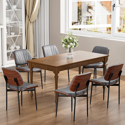 YaFiti Mid Century Dining Chairs Set of 4 with Walnut Bentwood, Greige | Ergonomic Walnut Backrest, Upholstered Waterproof PU Leather Seat, Stable Metal Legs, Adjustable Footpads, Apartment Friendly — Gray Scallop / 6