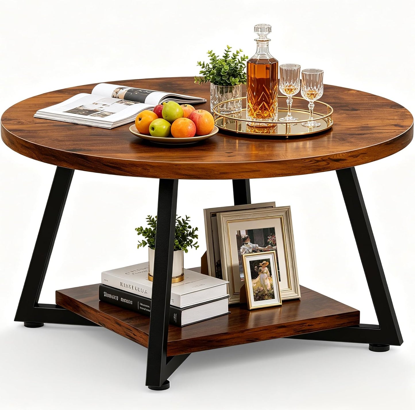 FAMIDGE Coffee Table, 23.6" Coffee Tables for Living Room, Round Coffee Table with Metal Frame, Floor Table for Sitting on The Floor, Home, Office, Black — Rustic Brown(27.6dx17.7h) / 2 Tier