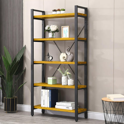 WH-AOERPUMY 5 Tier Bookcase, Solid Wood Bookshelf Rustic Vintage Industrial Etagere Bookcase, Metal and Wood Free Vintage Bookshelf, Retro Brown (5-Tiers) — 5-Tiers-Golden Oak