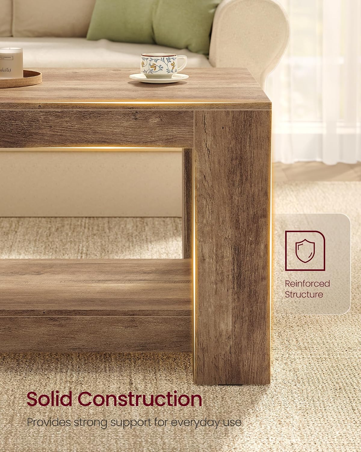 VASAGLE Coffee Table, 2-Tier Center Table with Rustic Charm and Clean Lines, Farmhouse Style, for Living Room, 21.7 x 39.4 x 17.7 in, Honey Brown, Koni Collection ULCT270K101 — Honey Brown (6)