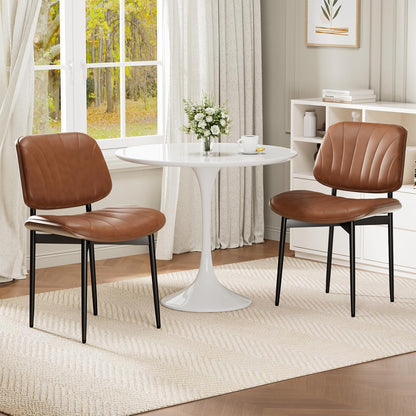 Dining Chairs Set of 4, Mid-Century Modern Upholstered PU Leather Chairs | with Walnut Bentwood Back and Metal Legs Adjustable Feet for Kitchen Dining Room, Camel Shell Strips — Camel Shell Strips / 2