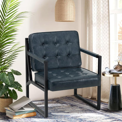 COLAMY Mid Century Modern Accent Chair Set of 2, Comfy Living Room Chair, Black Leather Accent Chair, Faux Leather Reception Armchair with Metal Legs for Living Room Bedroom Reception Office, Black — Blue / Set of 1