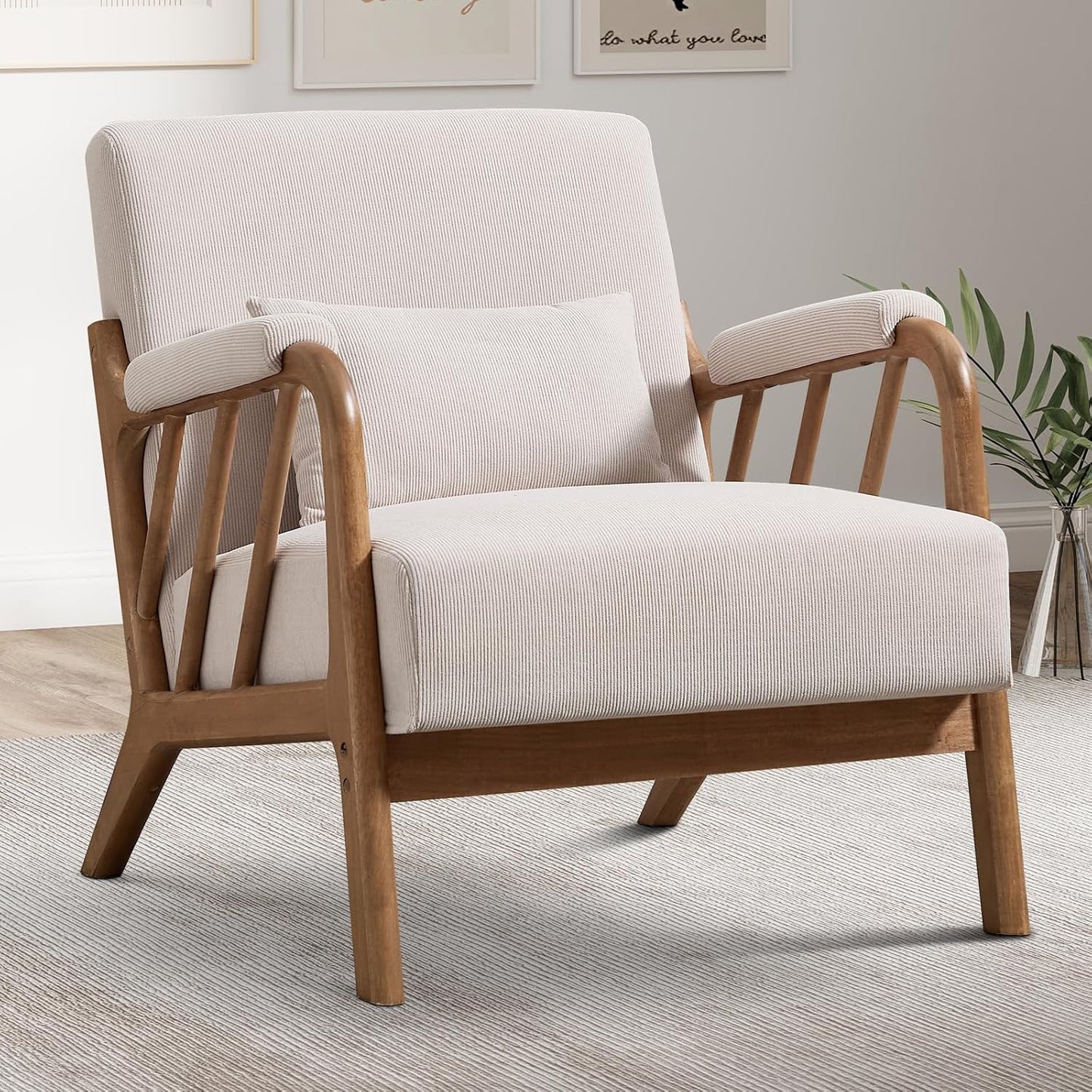 INZOY Mid Century Modern Accent Chair with Wood Frame, Upholstered Living Room Chairs with Waist Cushion, Reading Armchair for Bedroom Sunroom (Beige)