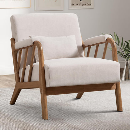 INZOY Mid Century Modern Accent Chair with Wood Frame, Upholstered Living Room Chairs with Waist Cushion, Reading Armchair for Bedroom Sunroom (Beige)