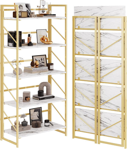 JSB No Assembly Folding Bookshelf, 4 Tier Industrial Metal Book Shelf for Storage, Vintage Wood Foldable Bookcase for Living Room, Bedroom, Office Organization Shelves — White&gold / Flat Tube 5-Tier