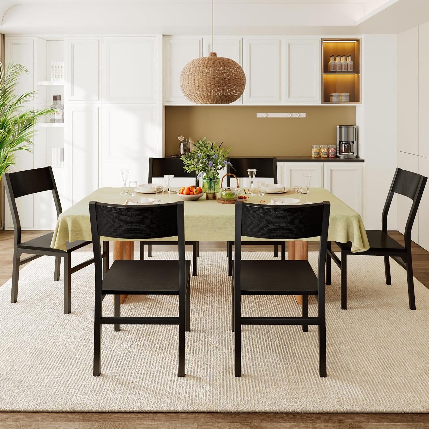 Feonase Dining Chairs Set of 6, Modern Kitchen Chairs with Ergonomic Backrest, MDF Board and Metal Legs, Dinner Chairs for Dining Room, Kitchen and Living Room, Walnut — Black