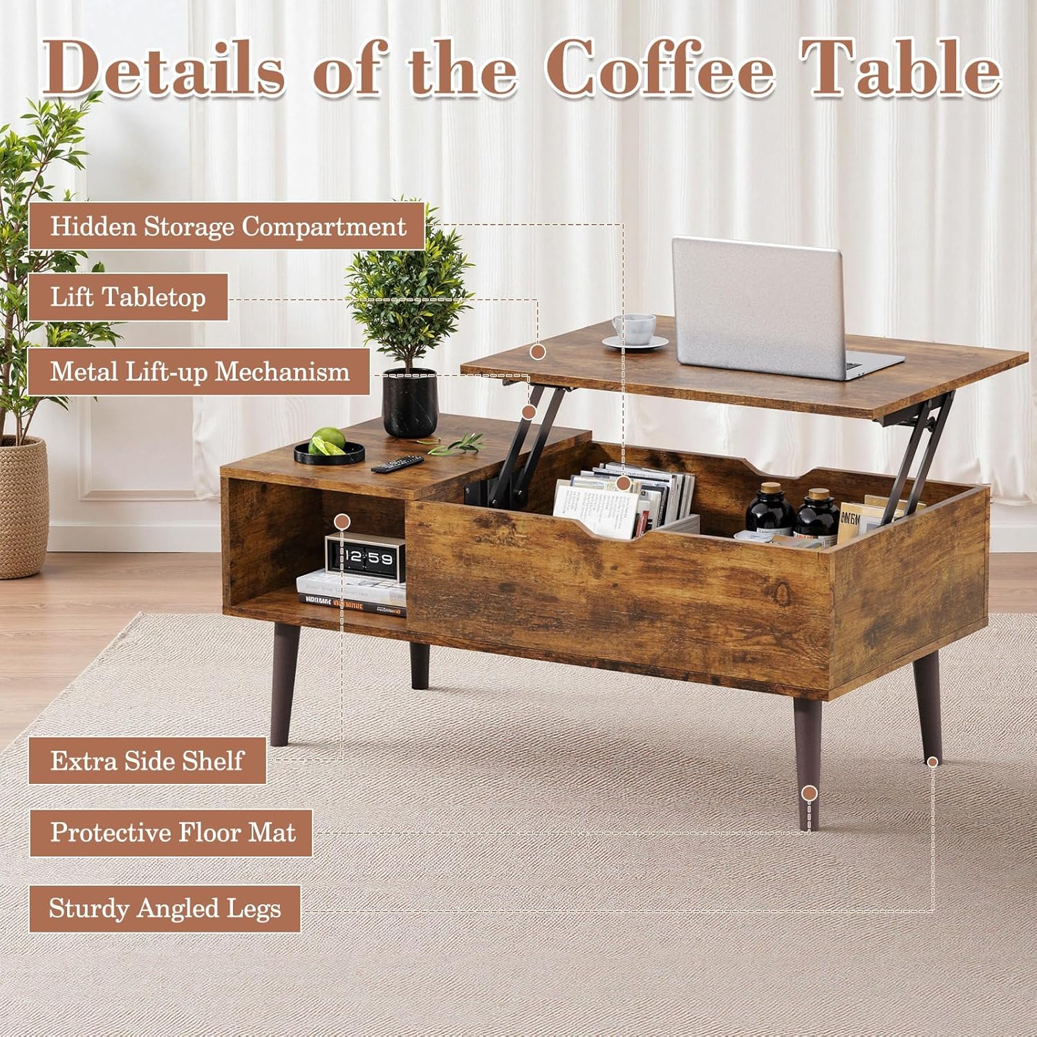 OLIXIS Wooden Coffee Table, Lift Top Coffee Table with Large Hidden Compartment and Ample Storage Shelf, Lift Tabletop Dining Table for Living Room, Home Small Space, Rustic — Rustic / 19.7 inches x 39.4 inches x 6.3 inches (6)