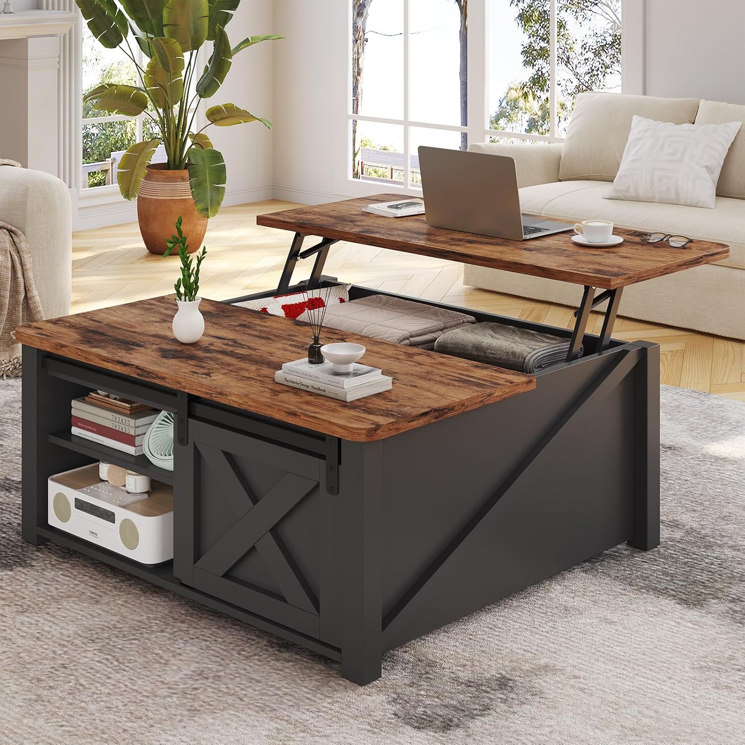 SEDETA 31.5" Lift Top Coffee Table with Storage, Square Coffee Tables for Living Room, Farmhouse Coffee Table with Large Hidden Storage Compartment and Adjustable Shelves, Black — Black (9)