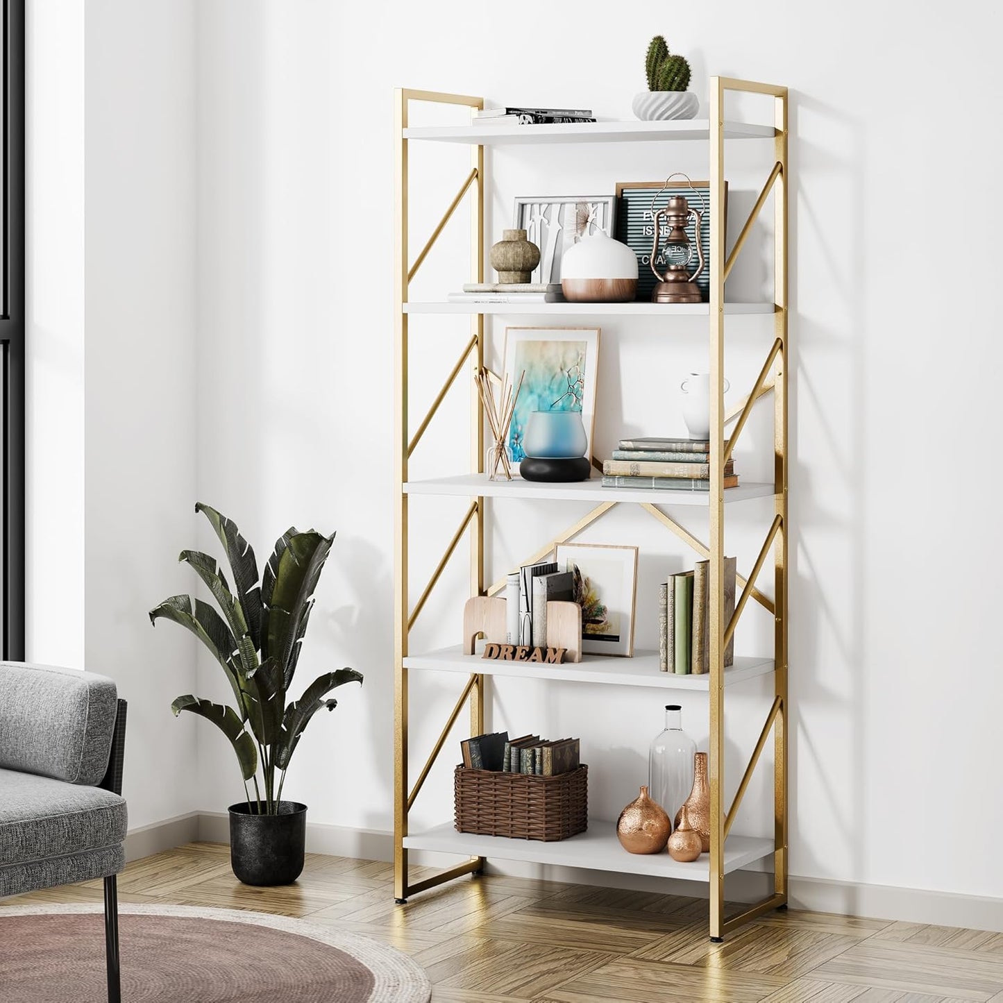 Shintenchi 5 Tiers Bookshelf, Classically Tall Bookcase Shelf, Industrial Book Rack, Modern Book Holder in Bedroom/Living Room/Home/Office, Storage Rack Shelves for Books/Movies-Rustic Brown — 2pcs/Gold
