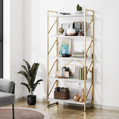 Shintenchi 5 Tiers Bookshelf, Classically Tall Bookcase Shelf, Industrial Book Rack, Modern Book Holder in Bedroom/Living Room/Home/Office, Storage Rack Shelves for Books/Movies-Rustic Brown — 2pcs/Gold
