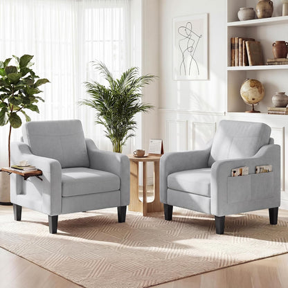 Accent Chair for Living Room, Mid-Century Upholstered Armchair with Foldable Table & 2 Side Pockets, Modern Linen Wooden Sofa Chair for Bedroom & Reading Room, Light Grey