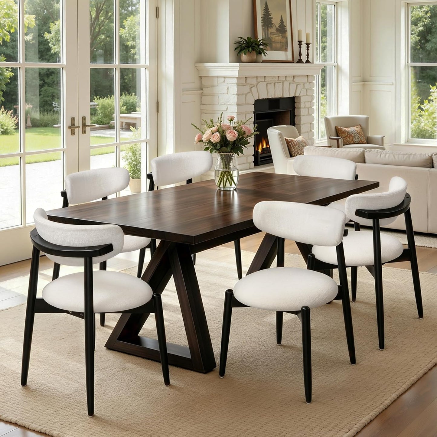 CHUN YI Dining Chairs Set of 4, Upholstered Wooden Dining Room Chairs, Mid Century Modern Fabric Kitchen Chair with Ergonomic Curved Backrest, Beige (Only Chairs) — Round-cream-black / Set of 6