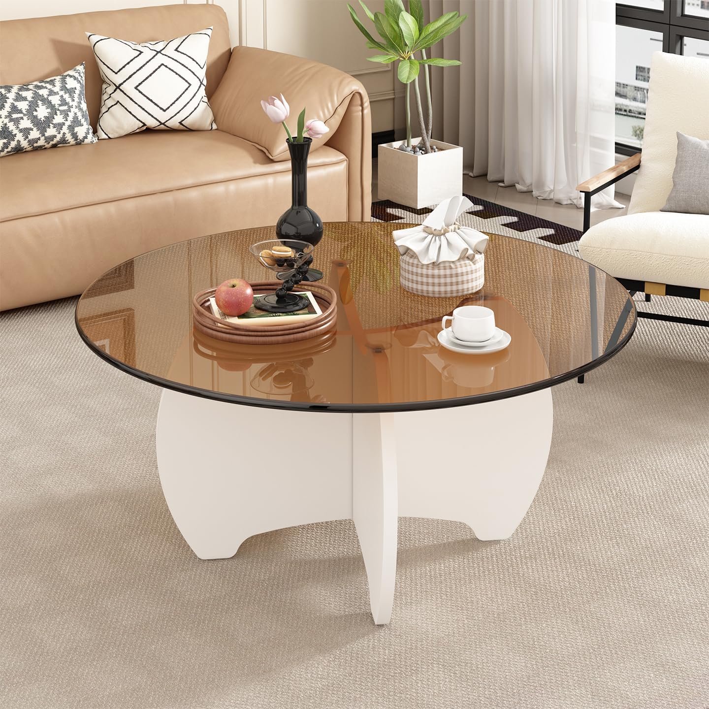 31.5'' Round Coffee Table with Tempered Glass Top, Modern Center Table for Small Spaces - Sturdy Black Board Frame, Simple Design for Living Room, Home, Office - Easy Assembly. — White