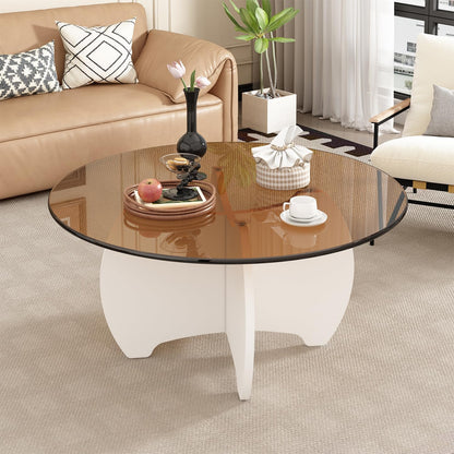 31.5'' Round Coffee Table with Tempered Glass Top, Modern Center Table for Small Spaces - Sturdy Black Board Frame, Simple Design for Living Room, Home, Office - Easy Assembly. — White