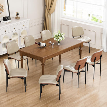 YaFiti Mid Century Dining Chairs Set of 4 with Walnut Bentwood, Greige | Ergonomic Walnut Backrest, Upholstered Waterproof PU Leather Seat, Stable Metal Legs, Adjustable Footpads, Apartment Friendly — Greige Scallop / 8
