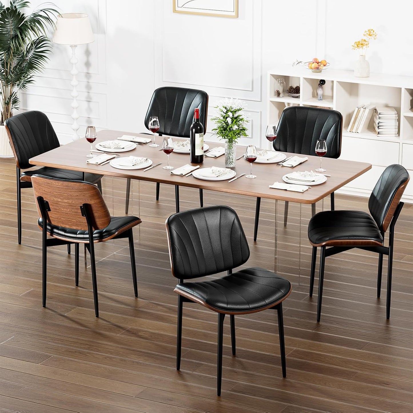 YaFiti Mid Century Dining Chairs Set of 4 with Walnut Bentwood, Greige | Ergonomic Walnut Backrest, Upholstered Waterproof PU Leather Seat, Stable Metal Legs, Adjustable Footpads, Apartment Friendly — Black Scallop / 6