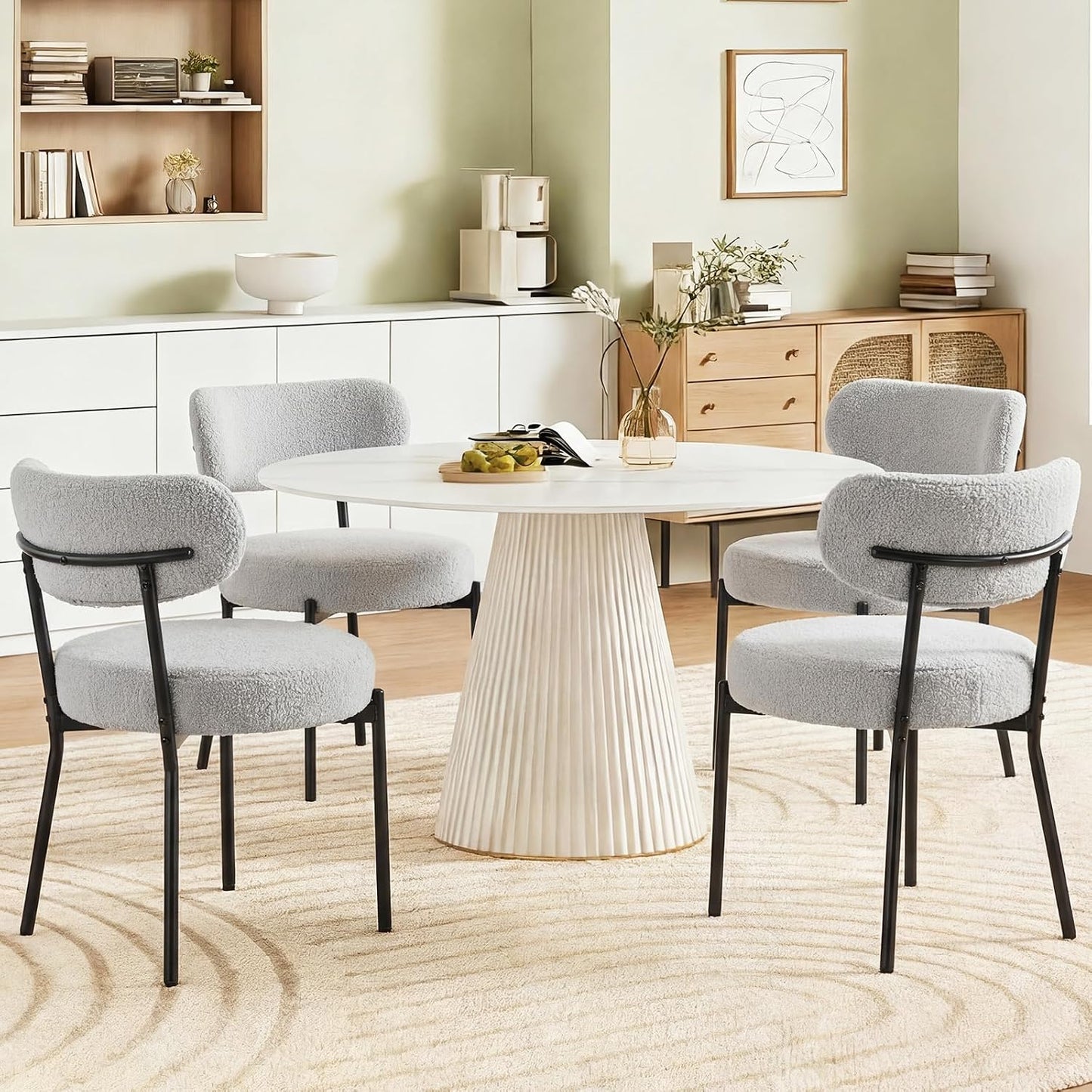 DUMOS Dining Chairs Set of 2, Mid Century Modern Chair Round Upholstered Curved Backrest, Kitchen Vanity Living Room Chairs with Black Metal Legs，Ivory White — Modern Grey / Set of 2