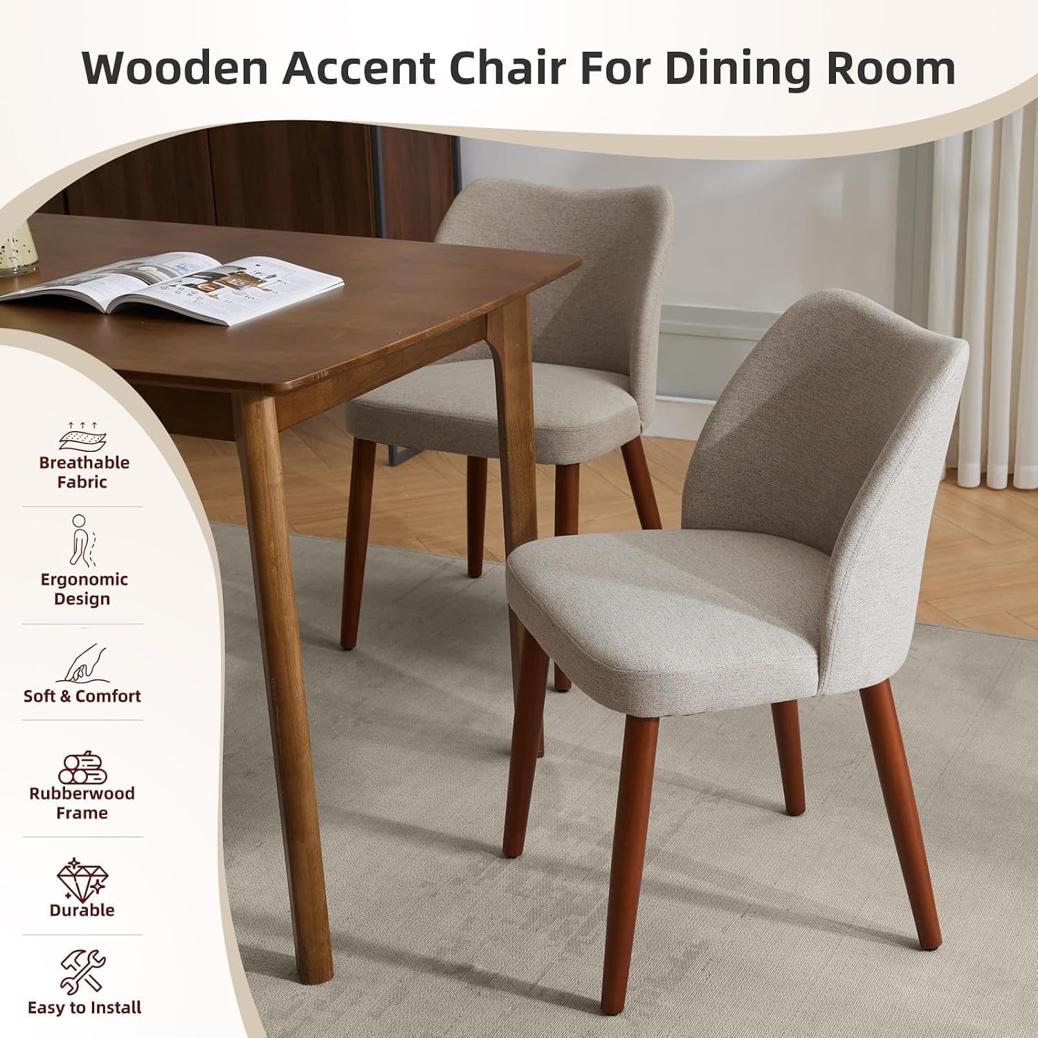 GarveeHome Dining Chairs Set of 4, Modern Hollow Back Dining Room Chair | Upholstered Kitchen Chairs with Adjustable Foot Pads, Wooden Dinner Chair for Kitchen Dining Room — Camel (4)