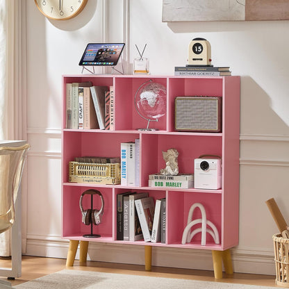LEYAOYAO Cube Bookshelf 3 Tier Mid-Century Rustic Brown Modern Bookcase with Legs,Retro Wood Bookshelves Storage Organizer Shelf,Freestanding Open Book Shelves for Bedroom,Living Room,Office — Light Pink / 8 Cube with Legs