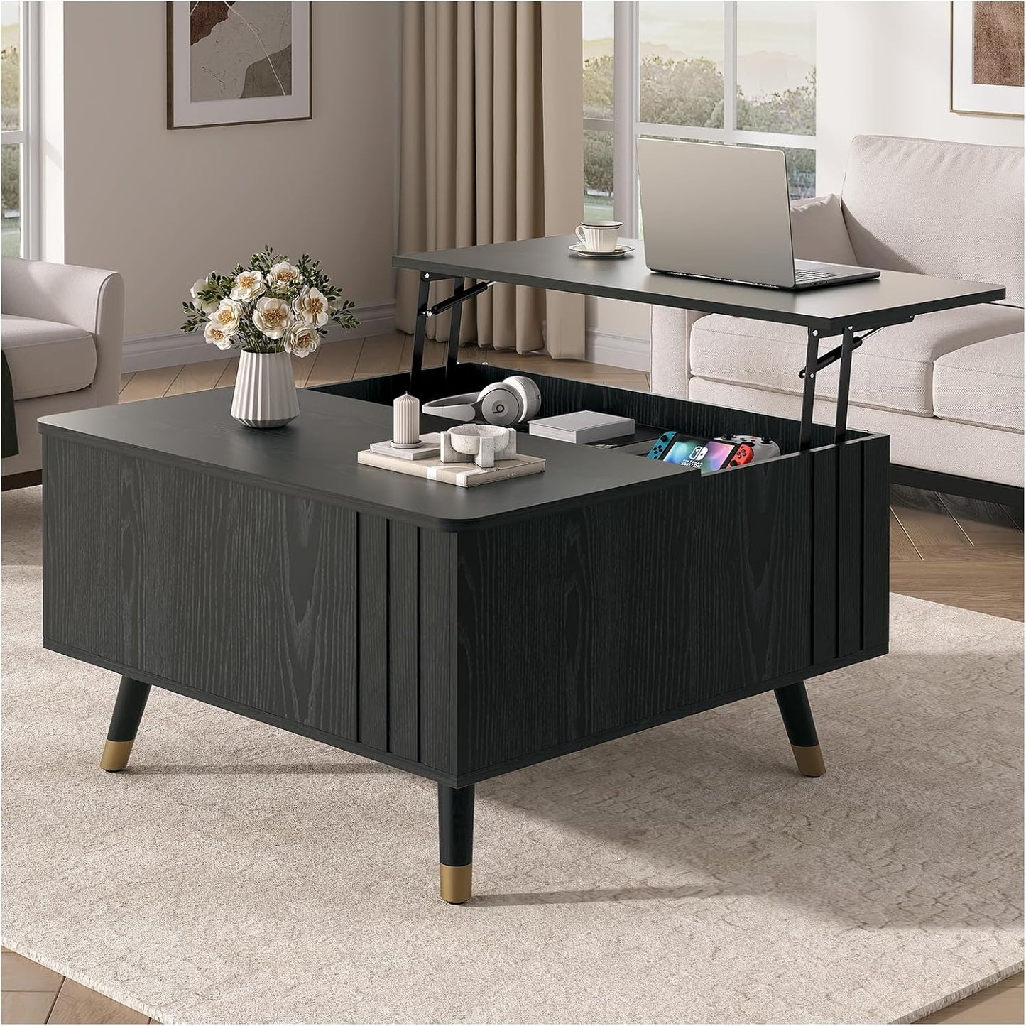 JOINICE 31.5" Round Coffee Table with Storage for Living Room, Walnut | Hidden Storage,Fluted Sliding Door,Mid Century Furniture for Small Apartments,Solid Wood Legs,Easy Assembly,Up to 110 lbs — Black_square