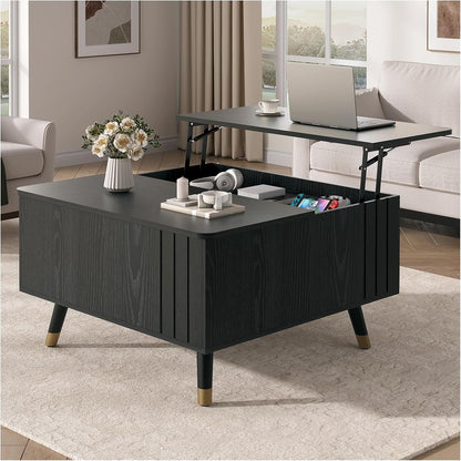 JOINICE 31.5" Round Coffee Table with Storage for Living Room, Walnut | Hidden Storage,Fluted Sliding Door,Mid Century Furniture for Small Apartments,Solid Wood Legs,Easy Assembly,Up to 110 lbs — Black_square