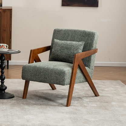 Mid-Century Modern Accent Chair with Solid Wood Frame，Upholstered Chenille Living Room Arm Chairs with Pillow for Bedroom, Living Room, Balcony, Reading Room, Green — 1 / Green