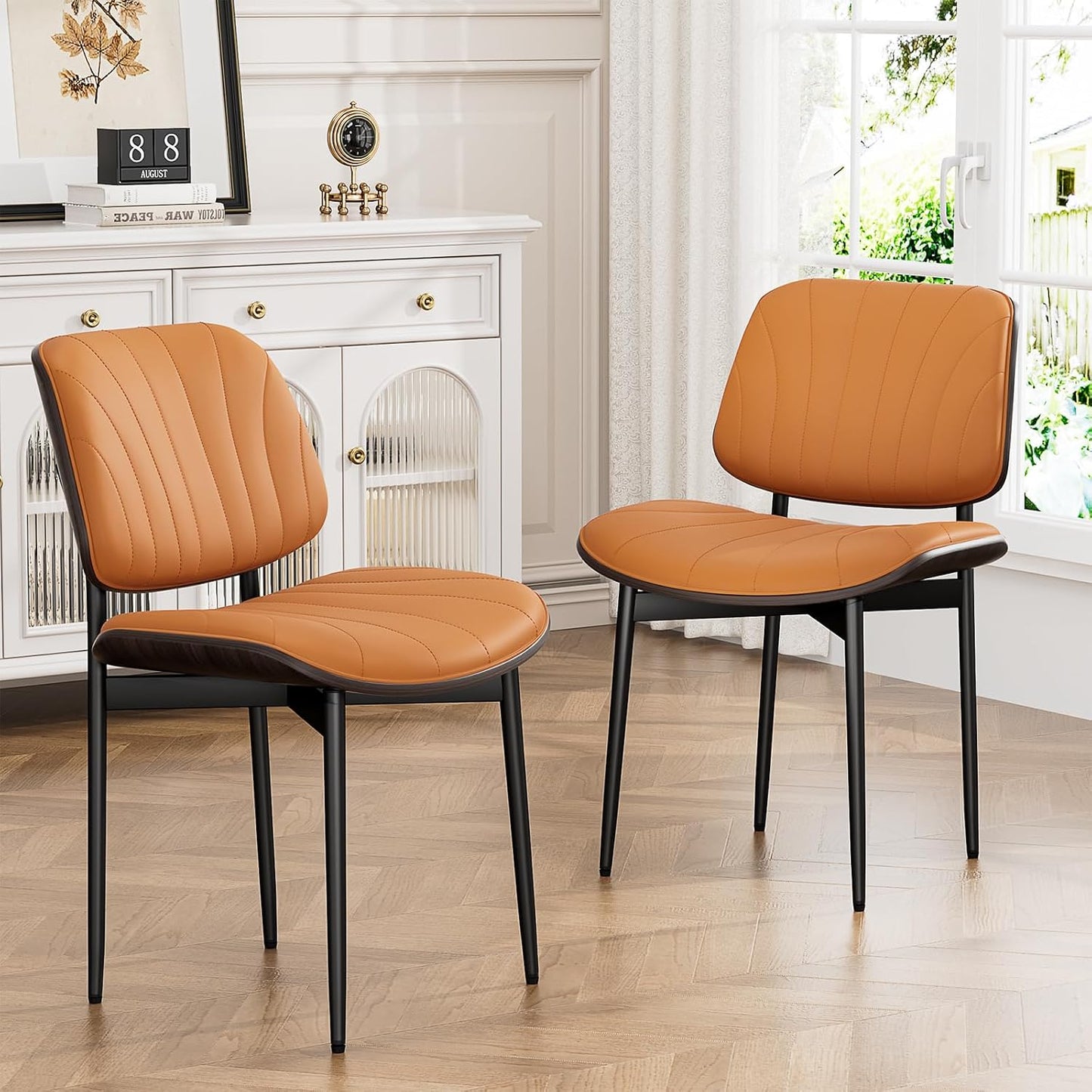 YaFiti Mid Century Dining Chairs Set of 4 with Walnut Bentwood, Greige | Ergonomic Walnut Backrest, Upholstered Waterproof PU Leather Seat, Stable Metal Legs, Adjustable Footpads, Apartment Friendly — Orange Scallop / 2