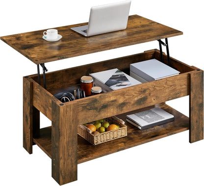 Yaheetech Wooden Coffee Table, Lift Top Coffee Table with Large Hidden Storage Shelf, Lift Tabletop Dining Tables for Living Room, Home Small Space, 38.6in, Black — Rustic Brown / 47.2 inches