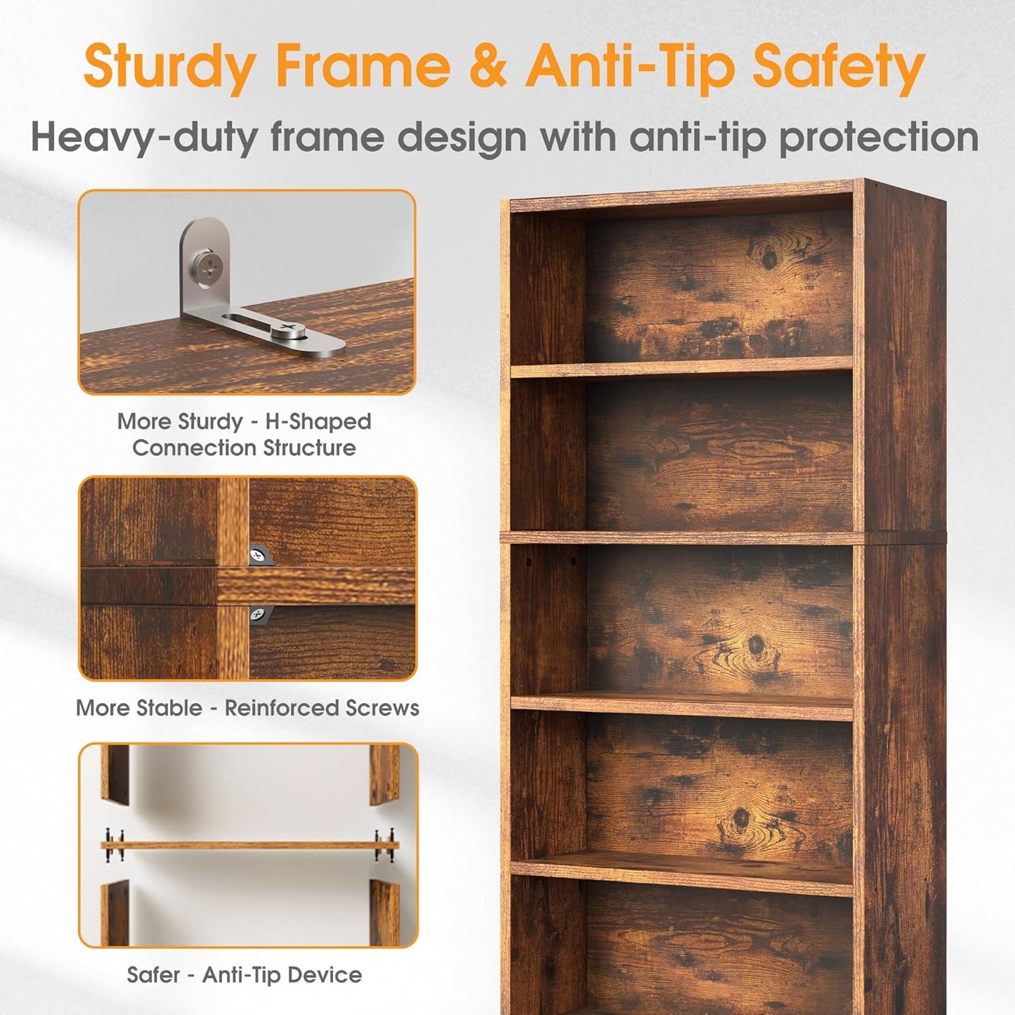 Sweetcrispy 5 Shelf Bookcase Open Display Bookshelf Storage Organizer | 53 Inches Tall Book Shelf Floor Standing Corner Unit, Living Room, Home Office, Kitchen, Bedroom, Rustic Brown Wood — Brown / 5 Shelf (6)